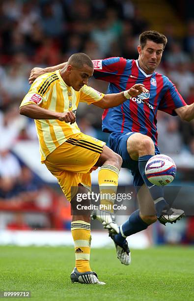 Alan Lee of Crystal Palace tackles Danny Simpson of Newcastle United during the Coca Cola Championship match between Crystal Palace and Newcastle...