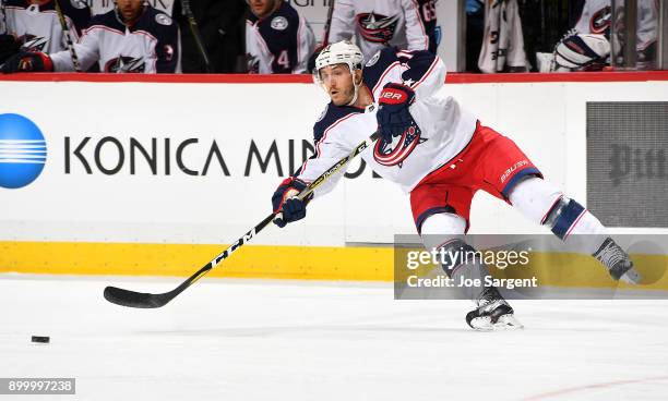 Jordan Schroeder of the Columbus Blue Jackets skates against the Pittsburgh Penguins at PPG Paints Arena on December 27, 2017 in Pittsburgh,...