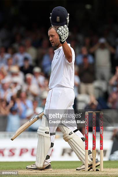 Jonathan Trott of England celebrates scoring his century during day three of the npower 5th Ashes Test Match between England and Australia at The...