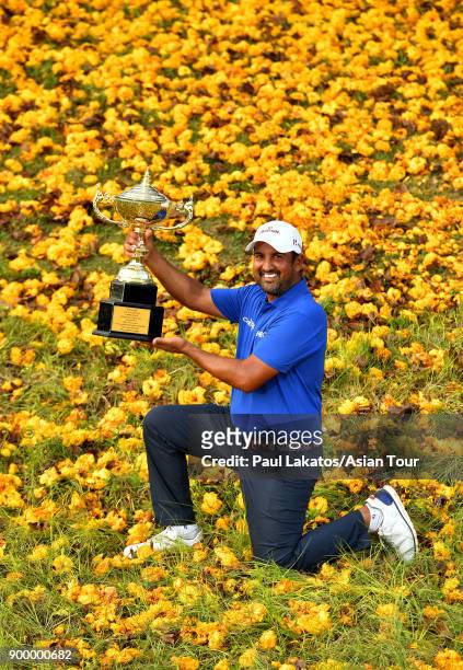 Shiv Kapur of India pictured with the winner's trophy after the final round of the Royal Cup at the Phoenxi Gold GCC on December 31, 2017 in Pattaya,...