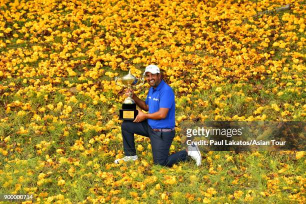 Shiv Kapur of India pictured with the winner's trophy after the final round of the Royal Cup at the Phoenxi Gold GCC on December 31, 2017 in Pattaya,...