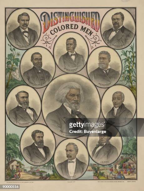 Head-and-shoulders portraits of Frederick Douglass, Robert Brown Elliott, Blanche K Bruce, Dr William Wells Brown, Professor RT Greener, Rt Reverend...