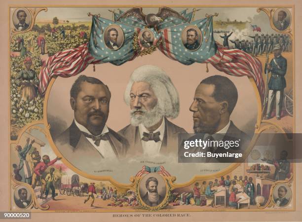 Head-and-shoulders portraits of Blanche Kelso Bruce, Frederick Douglass, and Hiram Rhoades Revels surrounded by scenes of African American life and...