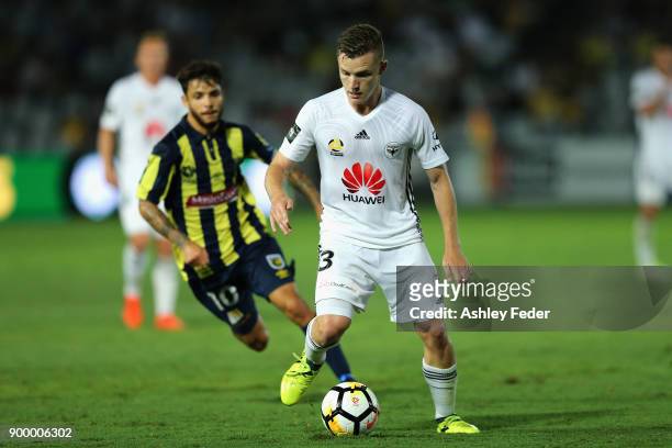 Scott Galloway of the Phoenix in action during the round 13 A-League match between the Central Coast Mariners and the Wellington Phoenix at Central...