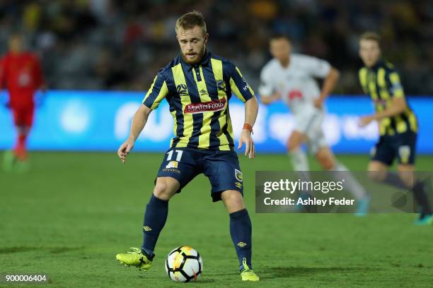 Connor Pain of the Mariners in action during the round 13 A-League match between the Central Coast Mariners and the Wellington Phoenix at Central...