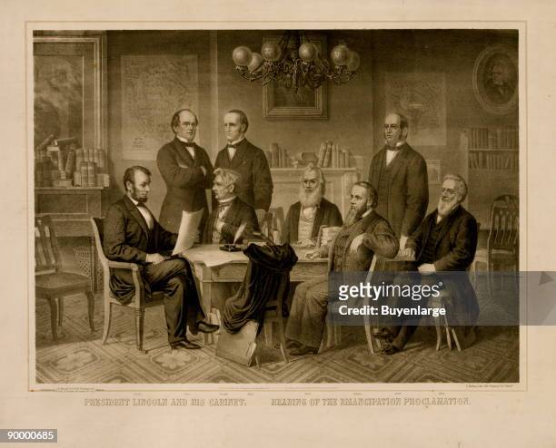 Cabinet members, gathered to hear Abraham Lincoln's Emancipation Proclamation, Washington DC, September 22nd 1862. President Abraham Lincoln, Solomon...