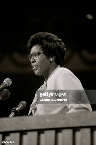 Barbara Jordan, half-length portrait, standing, facing left, giving keynote address before the 1976 Democratic National Convention in New York City.