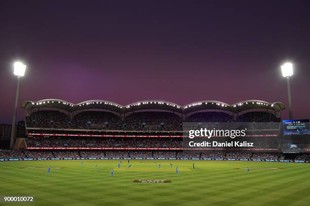 General view of play during the Big Bash League match between the Adelaide Strikers and the Brisbane Heat at Adelaide Oval on December 31, 2017 in...