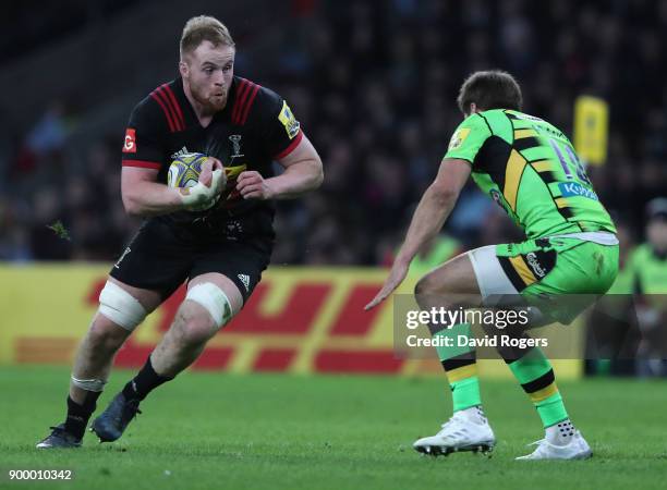 George Merrick of Harlequins charges upfield during the Aviva Premiership Big Game 10 match between Harlequins and Northampton Saints at Twickenham...