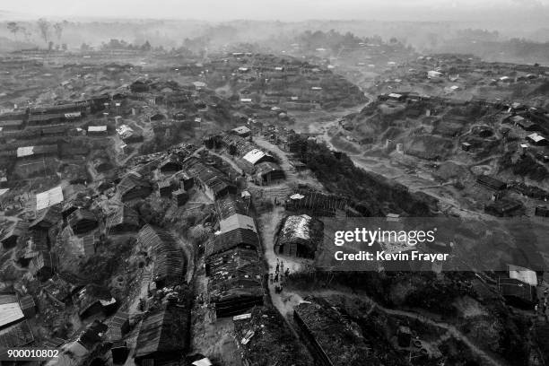 An aerial view of the Balukhali Rohingya Refugee Camp is seen, on October 2, 2017 in Cox's Bazar, Bangladesh. More than half a million Rohingya...