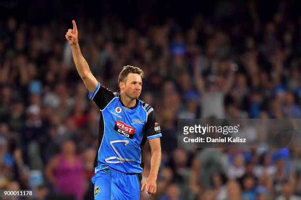 Ben Laughlin of the Adelaide Strikers celebrates after taking a wicket during the Big Bash League match between the Adelaide Strikers and the...