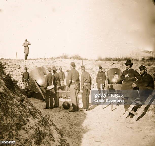 Morris Island, S.C. Federal mortars aimed at Fort Sumter, with crews