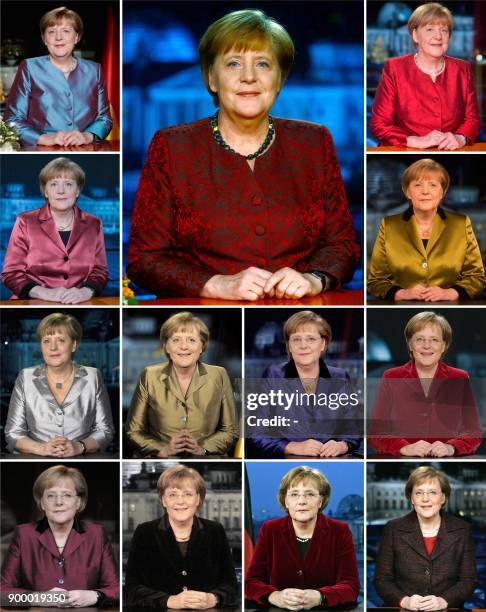 Combo of file pictures shows German chancellor Angela Merkel posing after the recording of her annual New Year's speech at the Chancellery in Berlin...