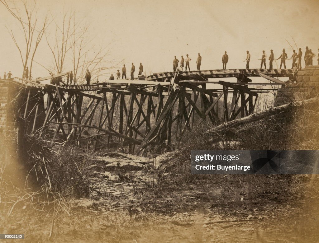 Labatt Bridge Building military railroad truss bridge across Bull Run, April, 1865 ...