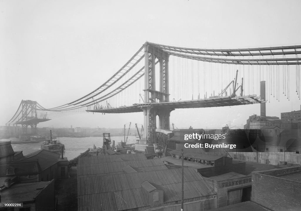 Manhattan Suspension Bridge under Construction as viewed from Brooklyn