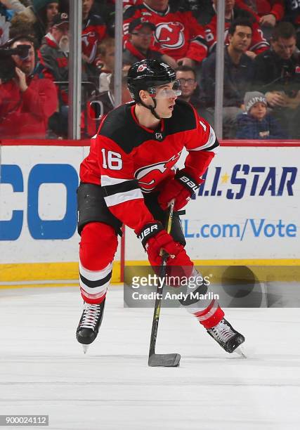 Steven Santini"n of the New Jersey Devils plays the puck during the game against the Detroit Red Wings at Prudential Center on December 27, 2017 in...