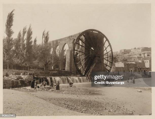 Overshot Water Wheel on Orontes River in Syria with Roman Aquaduct