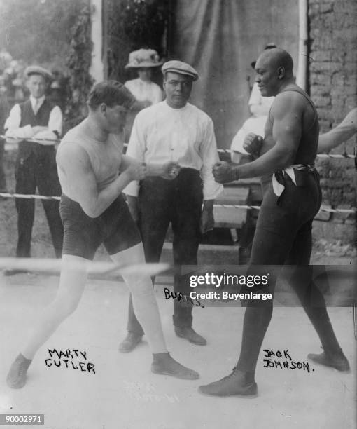 Jack Johnson, Heavyweight Champion of the World in Traiing Camp and Sparring with Cutler prior to his match against Jeffries in San Francisco
