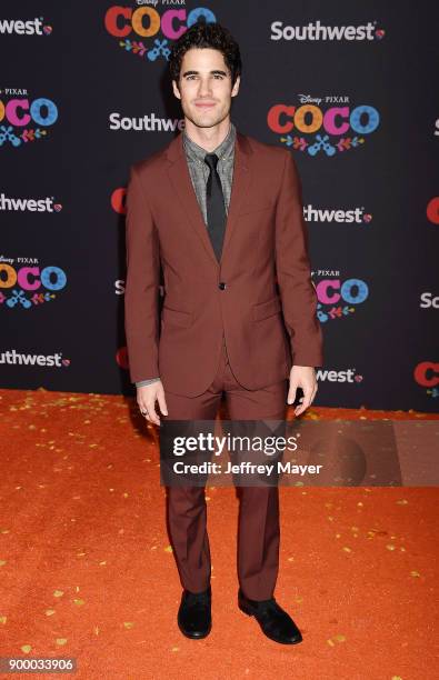 Actor Darren Criss arrives at the premiere of Disney Pixar's 'Coco' at El Capitan Theatre on November 8, 2017 in Los Angeles, California.