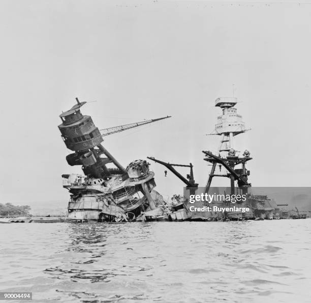 Arizona, at height of fire, following Japanese aerial attack on Pearl Harbor, Hawaii