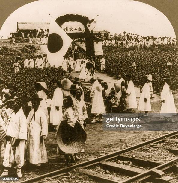 Celebration of opening railway line from Seoul to Fusan, Chosen