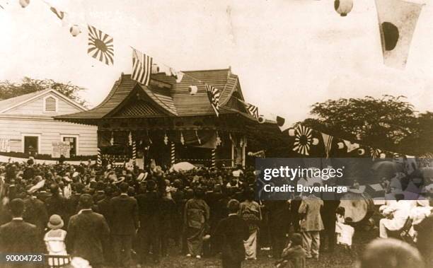 Japanese in Honolulu cheering emperor at a celebration