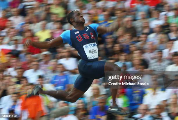 Dwight Phillips of United States competes in the men's Long Jump Final during day eight of the 12th IAAF World Athletics Championships at the Olympic...