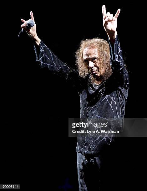 Ronnie James Dio of Heaven and Hell performs at the Charter One Pavilion on August 19, 2009 in Chicago, Illinois.