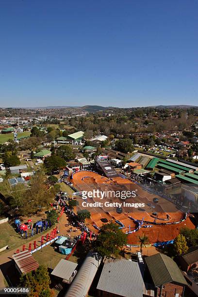 An aerial view of the the UCI BMX Supercross track at the Pietermaritzburg Show Grounds on August 22, 2009 in Pietrmaritzburg, South Africa.