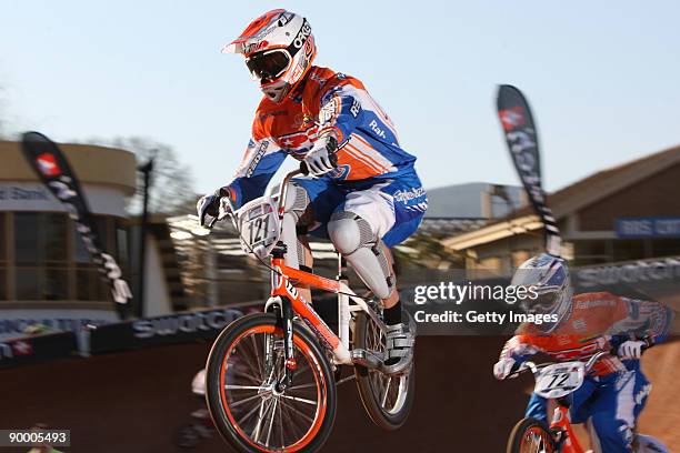 Raymon van der Biezen and Rob van den Wildenberg in the heats on day two at the UCI BMX Supercross World Cup at the Royal Show Grounds on August 22,...