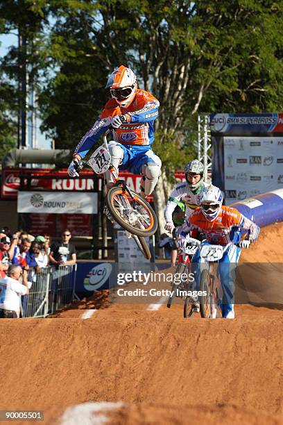 Raymon van der Biezen in the heats on day two at the UCI BMX Supercross World Cup at the Royal Show Grounds on August 22, 2009 in Pietrmaritzburg,...