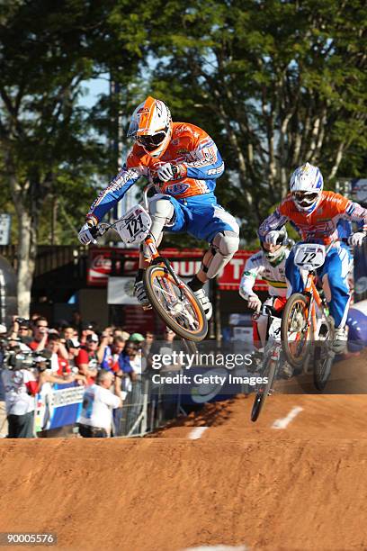 Raymon van der Biezen in the heats on day two at the UCI BMX Supercross World Cup at the Royal Show Grounds on August 22, 2009 in Pietrmaritzburg,...