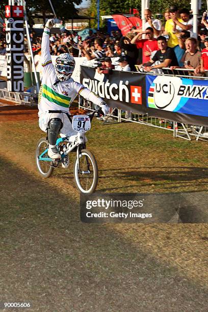 Sam Willoughby celebrates his win at the UCI BMX Supercross World Cup at the Royal Show Grounds on August 22, 2009 in Pietrmaritzburg, South Africa.