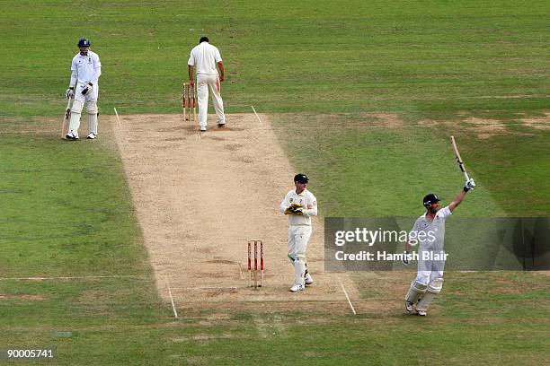 Jonathan Trott of England celebrates scoring his century during day three of the npower 5th Ashes Test Match between England and Australia at The...