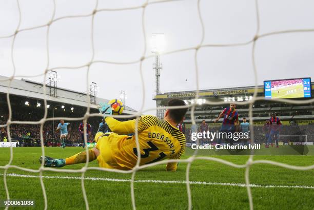 Luka Milivojevic of Crystal Palace has is penalty by Ederson of Manchester City during the Premier League match between Crystal Palace and Manchester...