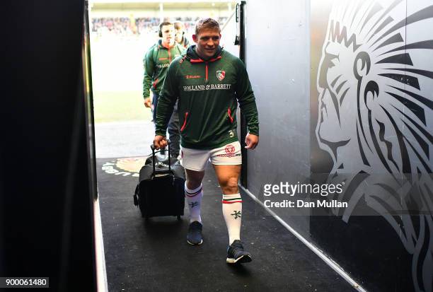 Tom Youngs of Leicester Tigers arrives at the ground prior to the Aviva Premiership match between Exeter Chiefs and Leicester Tigers at Sandy Park on...