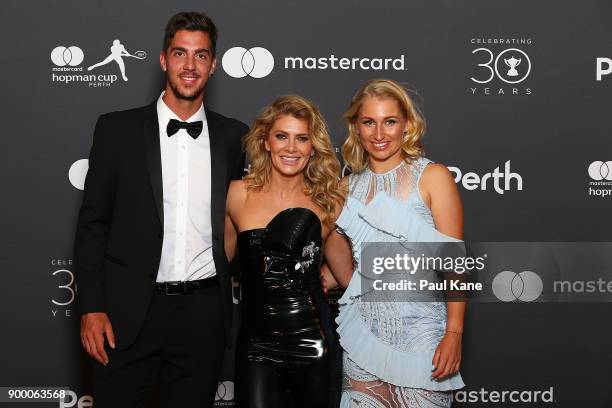 Natalie Bassingthwaighte of the Rogue Traders poses with Thanasi Kokkinakis and Daria Gavrilova of Australia at the 2018 Hopman Cup New Years Eve...