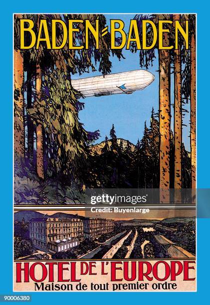 Baden-Baden - Hotel de l'Europe - Zeppelin Flies over the tands of timber in the forest with a picture of the hotel below.