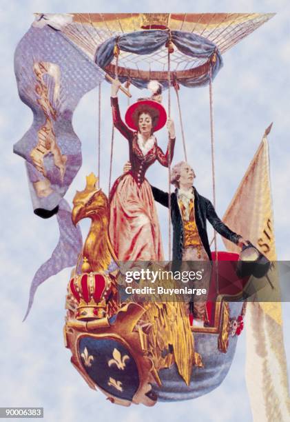 Wave in the Air - French Ballon ascenion with noble personages waving to those unseen below from an ornate royal conveyence emblazined with the Fleur...
