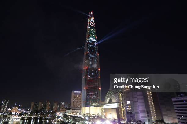 Lights illuminate at the Lotte World Tower on January 1, 2018 in Seoul, South Korea. The Lotte World Tower, the 555 meter-tall skyscraper, is the...