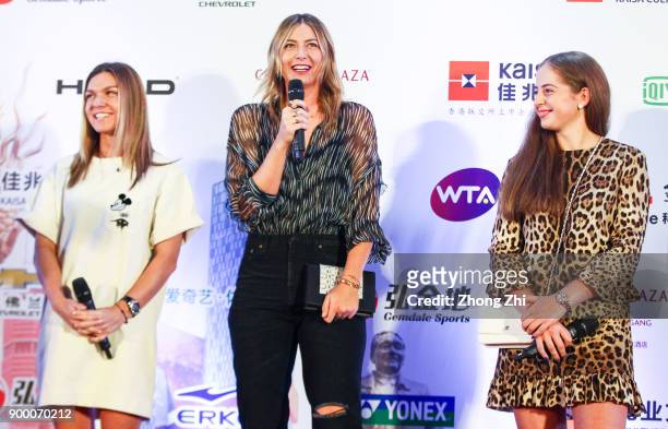 Simona Halep, Maria Sharapova and Jelena Ostapenko attend the Player Party during Day 1 of the 2018 WTA Shenzhen Open on December 31, 2017 in...