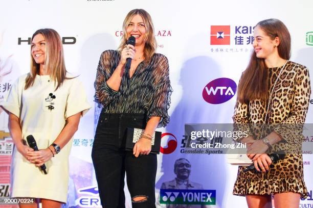 Simona Halep, Maria Sharapova and Jelena Ostapenko attend the Player Party during Day 1 of the 2018 WTA Shenzhen Open on December 31, 2017 in...