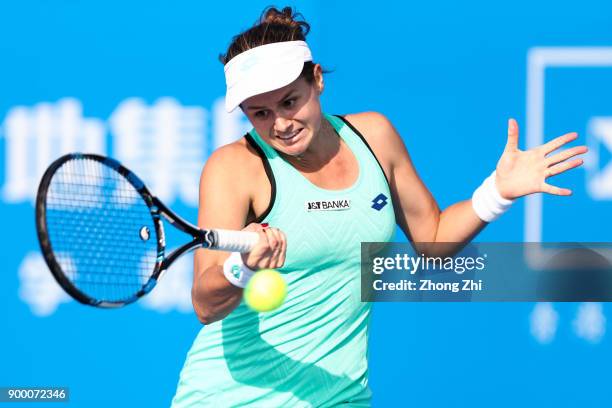 Jana Cepelova of Slovakia returns a shot during the match against Magada Linette of Poland during Day 1 of 2018 WTA Shenzhen Open at Longgang...