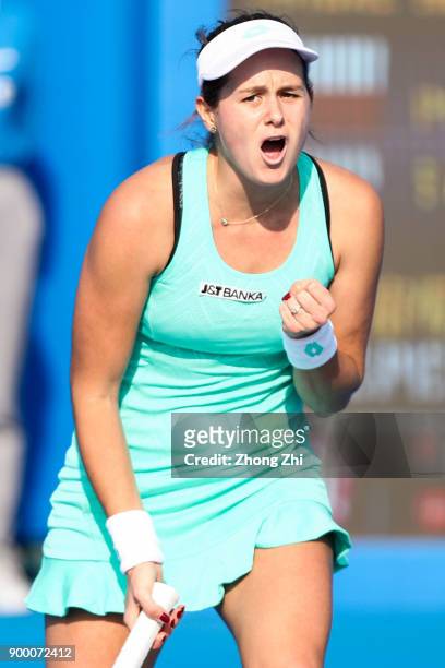 Jana Cepelova of Slovakia celebates a shot during the match against Magada Linette of Poland during Day 1 of 2018 WTA Shenzhen Open at Longgang...