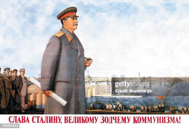 Stalin overlooks what was the largest electric power dam in the world at the Dneperpetrovk in the Ukraine near Kiev with electric towers