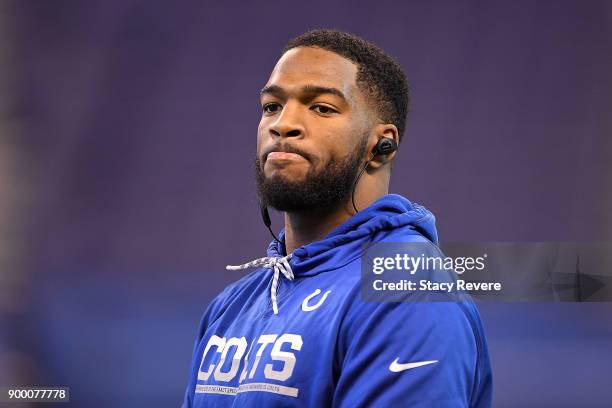 Jacoby Brissett of the Indianapolis Colts participates in warm ups prior to a game against the Houston Texans at Lucas Oil Stadium on December 31,...