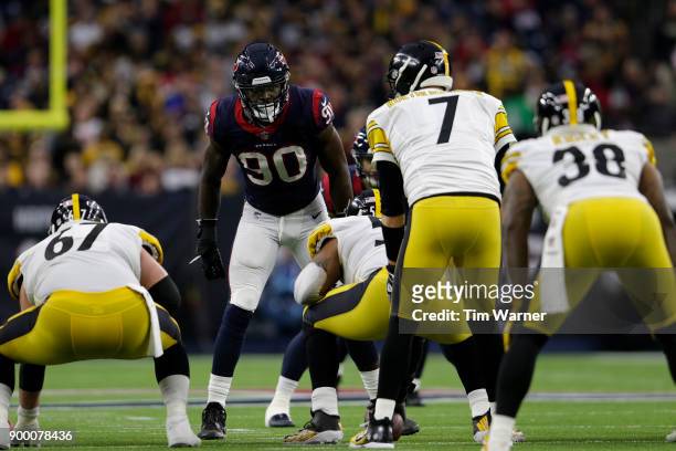 Jadeveon Clowney of the Houston Texans awaits the snap to Ben Roethlisberger of the Pittsburgh Steelers in the second half at NRG Stadium on December...