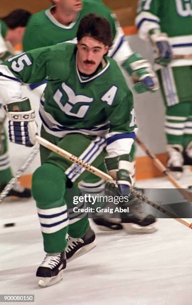 Dave Tippett of the Hartford Whalers skates against the Toronto Maple Leafs during NHL game action on October 30, 1986 at Maple Leaf Gardens in...