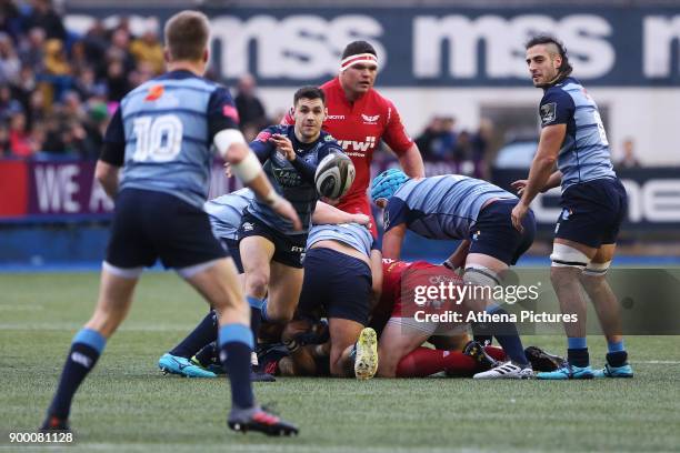 Lloyd Williams of Cardiff Blues passes the ball out of the ruck during the Guinness Pro 14 match between Cardiff Blues and Scarlets at the Cardiff...