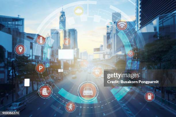 smart transportation technology smart city concept, internet of things - auto navigation stock-fotos und bilder